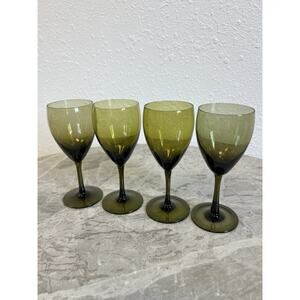 Vintage MCM Green Glass Stemware Set of 4 Wine Goblets 6”